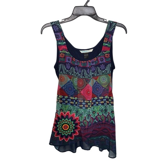Desigual Layered Geometric Sleeveless‎ Blouse Size Small Flowy Whimsy Bright - Picture 1 of 3